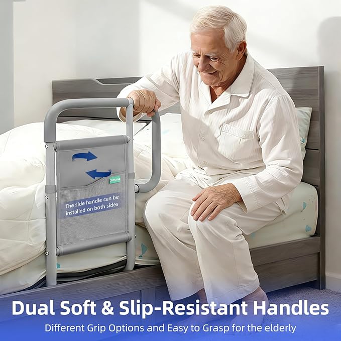 Bed Rails for Elderly Adults, ASTM Approved Bed Assist Rail with Dual Non-Slip Handles for Easily Getting in & Out of Bed, Stable Bed Railings with Storage Pocket, Load 350 LBS, Tool-Free Assembly