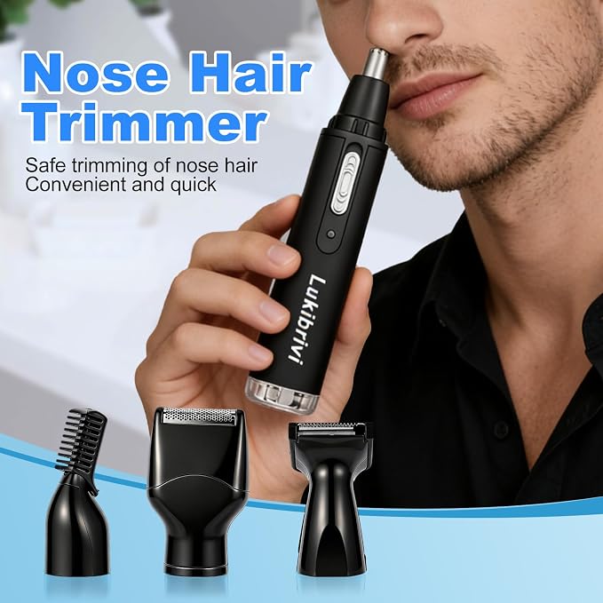 Rechargeable Ear and Nose Hair Trimmer, 4-in-1 Professional Painless Eyebrow & Facial Hair Trimmer for Men Women, Powerful Motor and Dual-Edge Blades for Smoother Cutting,Black