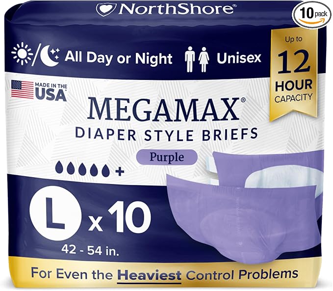 NorthShore MegaMax Made in USA 12-Hour HBL Adult Diapers for Heavy Bladder Leaks, Large, 10 Count, Purple, 42-54 inches, Tab-Style Incontinence Underwear for Men, Women & Teens
