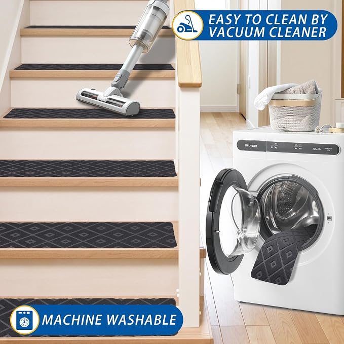 RIOLAND Non-Slip Carpet Stair Treads for Wooden Steps, 15 Pack Indoor Stair Runner with Reusable Adhesive Modern Anti Moving Safety Stair Rugs for Kids Dogs & Elders, 8" X 30", Rhombus Gray
