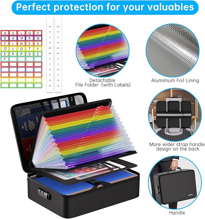 ENGPOW 5200℉ Fireproof Document Box with 25 Pockets Accordion File Folder | Heat Insulated Water Resistant File Organizer Box with Lock,Soft Case,Home Travel Safe Storage for Important Documents,Black
