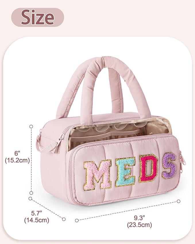 Fasrom Chenille Letter Medicine Bag, Pill Bottle Organizer for Travel Meds | Preppy Patch Design, Puffy Handle, Portable Storage for Medical Supplies & Toiletries, Makeup Case for Women