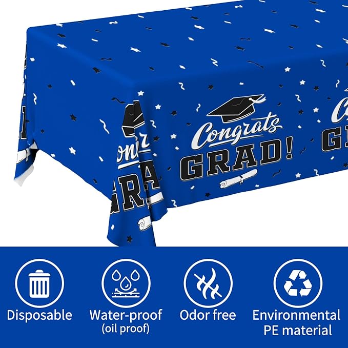 Gatherfun Graduation Decorations 2026, Gongrats Grad Tablecover for Graduation Party Supplies, 3 pcs Class Blue Table Cloths, 54"x108"