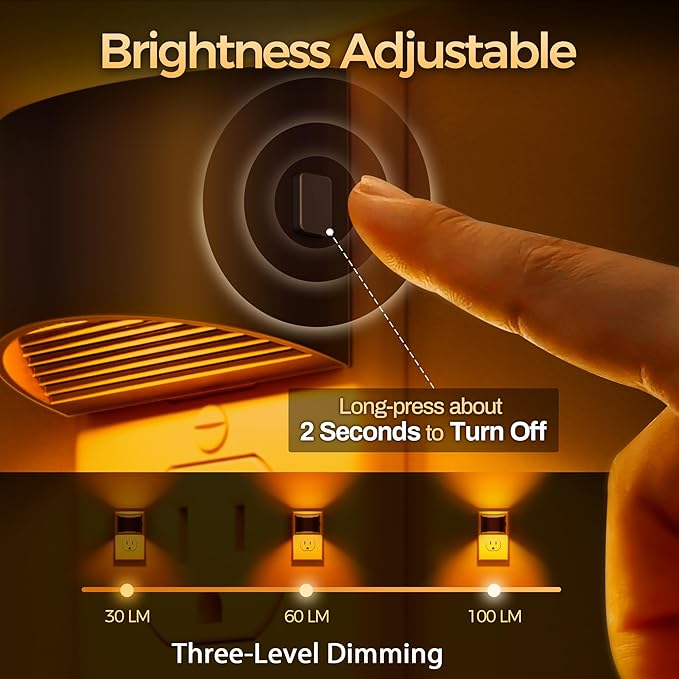 DORESshop LED Night Light[2 Pack], Night Lights Plug into Wall, 3 Level Brightness Adjustable Plug in Night Light, Dusk to Dawn Sensor, Nightlights for Adults, Bedroom, Bathroom, Hallway, Amber