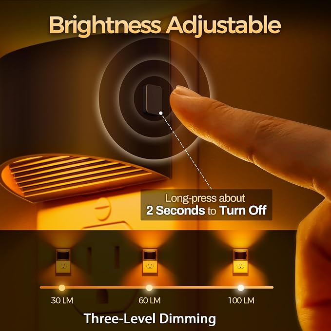 DORESshop LED Night Light[4 Pack], Night Lights Plug into Wall, 3 Level Brightness Adjustable Plug in Night Light, Dusk to Dawn Sensor, Nightlights for Adults, Bedroom, Bathroom, Hallway, Amber