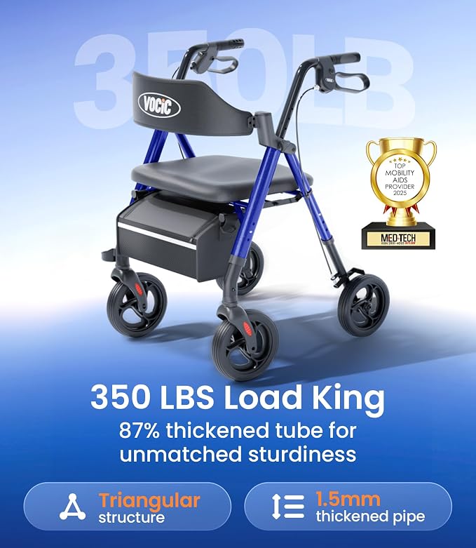 VOCIC Z21 Rollator Walker for Seniors with Seat, 8" All Terrain, 350 LBS | Lightweight Foldable & Dual Height Adjustable for Seniors, Ergonomic Arc Seat&6" Ultra Backrest Provide Comfort, Blue