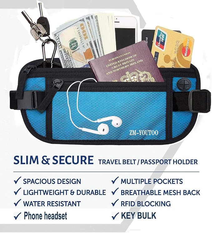 ZM-YOUTOO Money Belt for Travel - Hidden Travel Pouch Protect Your Credit and Money With RFID Blocking Passport Holder Waist Wallet (Blue)