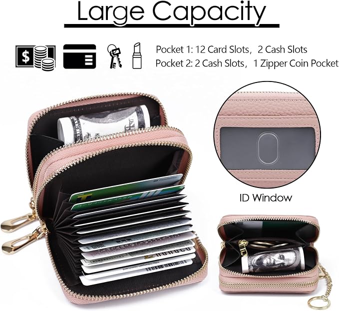imeetu RFID Credit Card Holder, Small Card Wallet Women, Leather Card Case | Genuine Leather Women's Card & id Cases, Change Coin Purse with Zipper Keychain id Window, 20 Colors & 3 Styles, Daily, Gifts