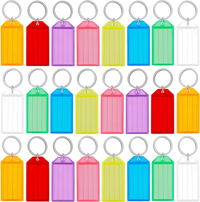 Uniclife 200 Pack Plastic Key Tags with Split Ring Label Window, 8 Colors | Tough plastic key tags with writable blank paper labels and clear covers keep labels protected, visible and easy to identify