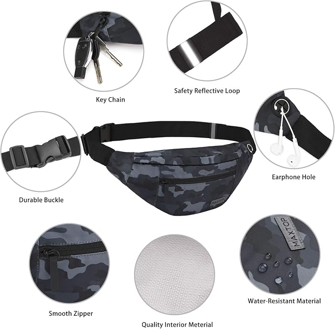 Small Camo Black Crossbody Bag Shoulder Fanny Pack with 4-Zipper Pockets | Polyester,Hands-Free,Gifts for Enjoy Sports Traveling Running Casual Wallets Waist Bag Carrying All Phones