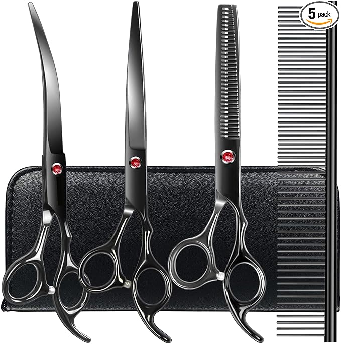 TINMARDA Dog Grooming Kit, Titanium Black Stainless Steel Dog Grooming Scissors with Curved Shears, Black Finger Rings - 4 Piece Sharp Durable Pet Shears for Dogs Cats At Home Salon-Quality Grooming