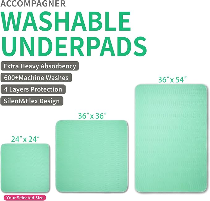 Accompagner Incontinence Bed Pads Washable Waterproof, Ultra-Absorbent Reusable Underpads for Diaper Changing, Nursing, Bedridden, Adults, Seniors, Kids and Dogs (Green, 24"x24"(Pack of 4))