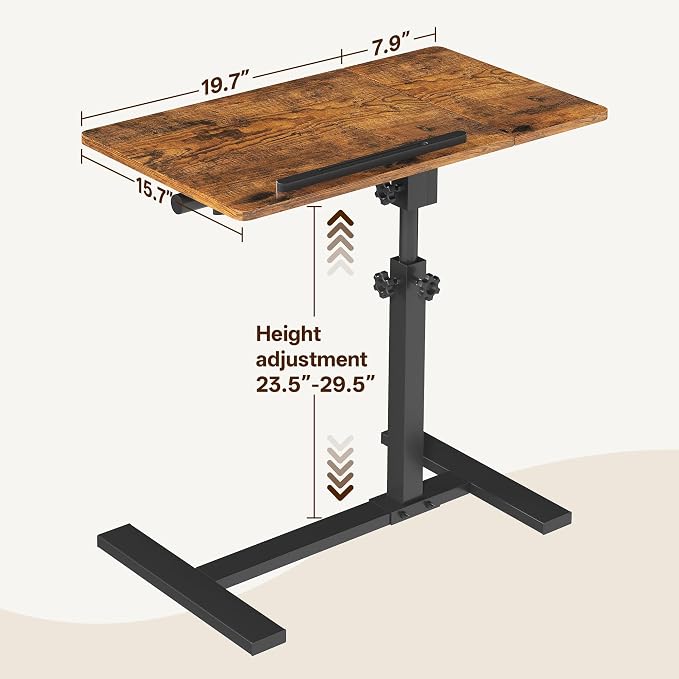 Overbed Table with Wheels Rolling, Adjustable Mobile Bedside Desk | Flip-Top, Laptop Table, C Shaped End Side Table for Couch, Sofa, Bed, Recliner and Home Use, Large Brown