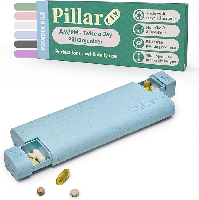 Pillar AM/PM Pill Box Organizer Two Times a Day | Aesthetic 7 Day Tablet Organizer 2 Times A Day | Beautiful Weekly Pill Box for Day and Night Medication (Powder Blue)