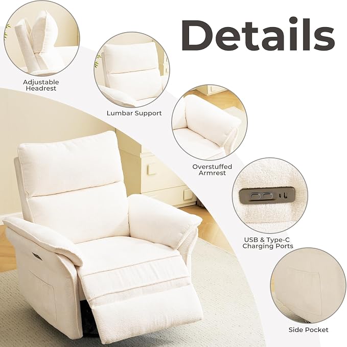 Oversized Power Recliner Chair Swivel Glider with Massage and Heat, Rocker Nursery Recliner for Adults with Adjustable Headrest, 24" Extra Wide Nursery Chair with Overstuffed Armrest,White