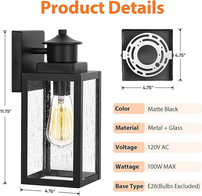 2-Pack Outdoor Wall Lights, Black Porch Light with Seeded Glass | Waterproof, Rust-Resistant, Durable Metal, Easy to Install, Ideal for Front Door, Garage