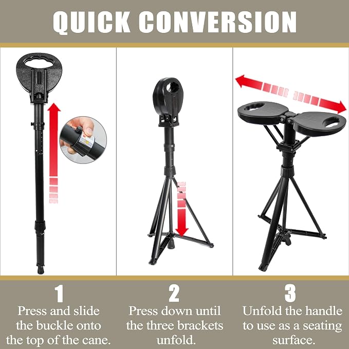 ALEVMOOM Upgraded Walking Cane with Seat, Capacity 440lbs Foldable Cane Chair for Adults, Portable Seats for Seniors, Easy Carry Stick for Hiking Traveling Camping (Black)