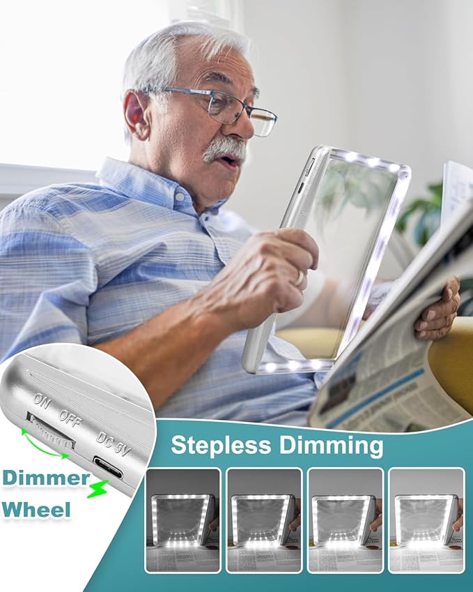 5X Rechargeable Magnifying Glass with Light, Large Bright LED Lighted Full Page Magnifier, Lightweight Rectangular Handheld Magnifier with Light for Reading Small Prints for Seniors, Silver