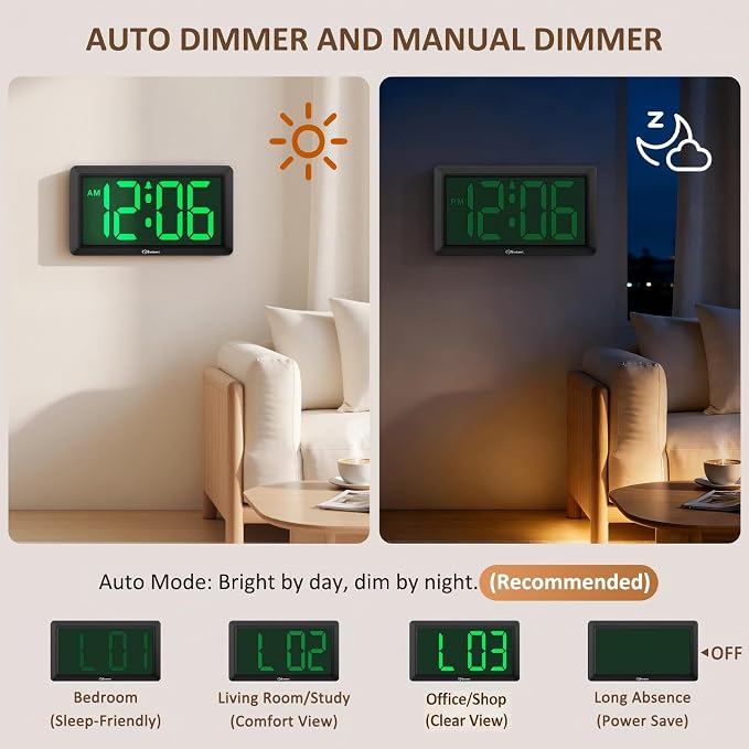 Soobest 9.5 Inch Large LED Digital Wall Clock Battery Operated, Auto & Manual Dimmer Display, Easy to Read 3.2'' Big Digit with Alarm for Seniors, Modern Decor for Living Room, Bedroom, Office (Green)