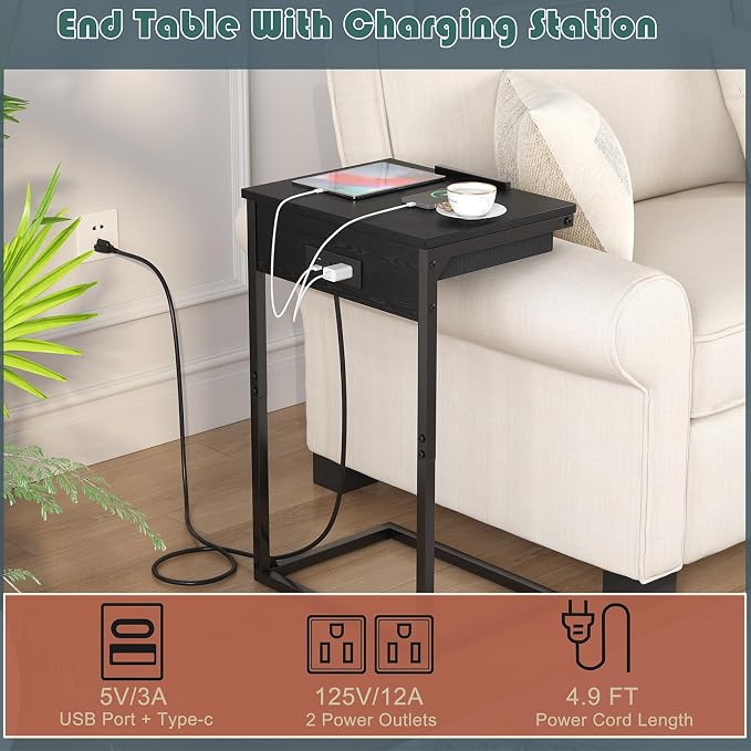 sthmec C Shaped End Table with Charging Station, 45° Tiltable Adjustable Flip Top Side Table with Storage,Small C Table for Small Spaces,Slide Under Couch Sofa Bedside Table for Living Room, Black