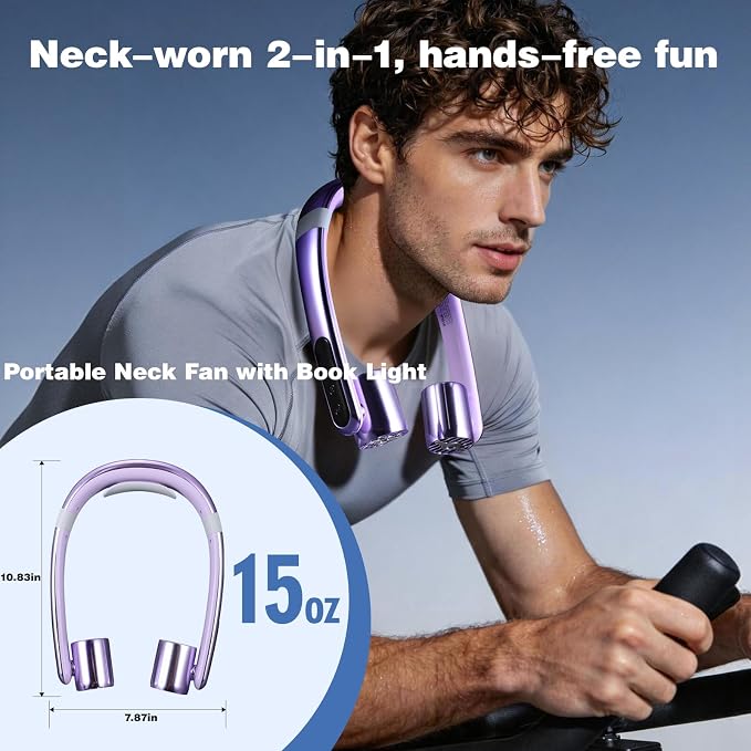 VAVOFO Portable Neck Fan with Book Light, Hands Free Wearable Cooling Fan | 6000mAh Rechargeable, 3 Speeds, 250° Adjustable, Ideal Gift for Reading, Travel, Office, Hiking, Fishing & Sports