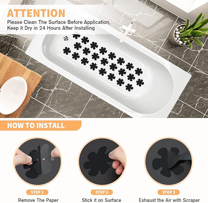 Non Slip Bathtub Stickers, 24 PCS Shower Safety Decals - Bathtub & Shower Floor Non Slip Stickers, Adhesive Decals Scraper for Stairs & Ladders (Flower Shape, Black)