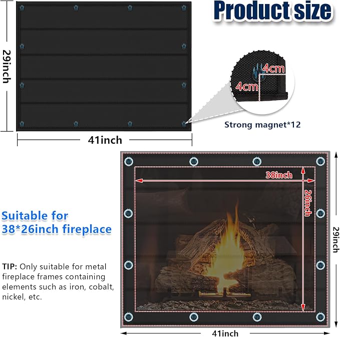 Magnetic Fireplace Blanket for Heat Loss Indoor Fireplace Covers Keep Drafts Out Fireplace Draft Stopper with Built-in 12 Strong Magnet for Iron Fire Place Frame Fireplaces Screen 41x29