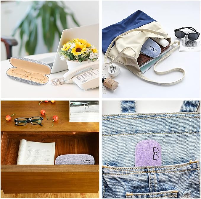 LZYMSZ 4 Sets Glasses Case, Portable Linen Hard Shell Eyeglasses Cases, Protective Glasses Box for Storage Sunglasses, Eye Glass Carry Case with Glasses Accessories (Drawstring Pouch, Cleaning Cloth)