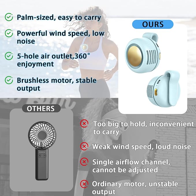 Portable Clip-On Fan, Mini USB Rechargeable 360° Rotatable Fan, Personal Fan 3-Speed Silent Mini Bladeless Fans (1pack（Blue)