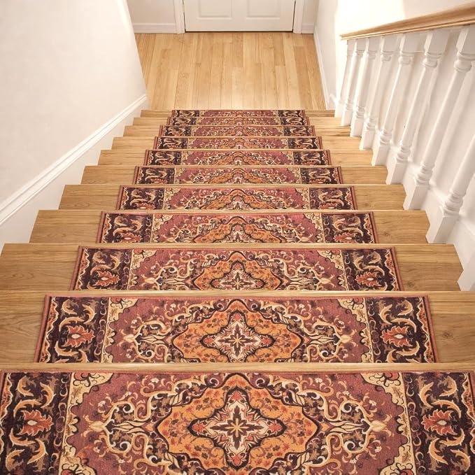 GIB Stair Treads for Wooden Steps Indoor, 15 Pack 8" X 30" Non Slip Carpet Stair Treads with Reusable Adhesive for Kids Elders and Dogs, Boho Vintage Oriental Stair Runner, Orange Red