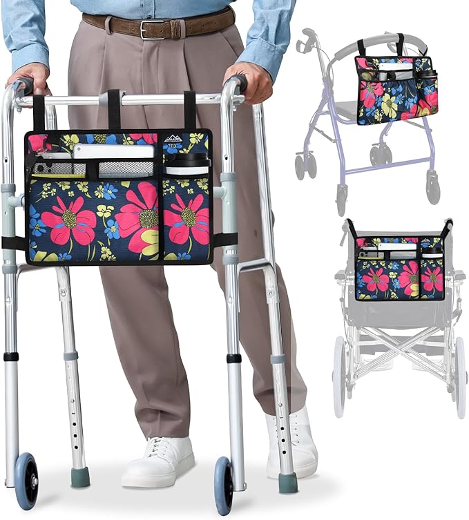 supregear Accessories Bag for Walker, Wheelchair, Rollator - Walker Basket Bag w/Cup Holder - Seniors Caddy Attachment Pouch, Water Resistant Large Capacity Carry Storage Carrier Tote