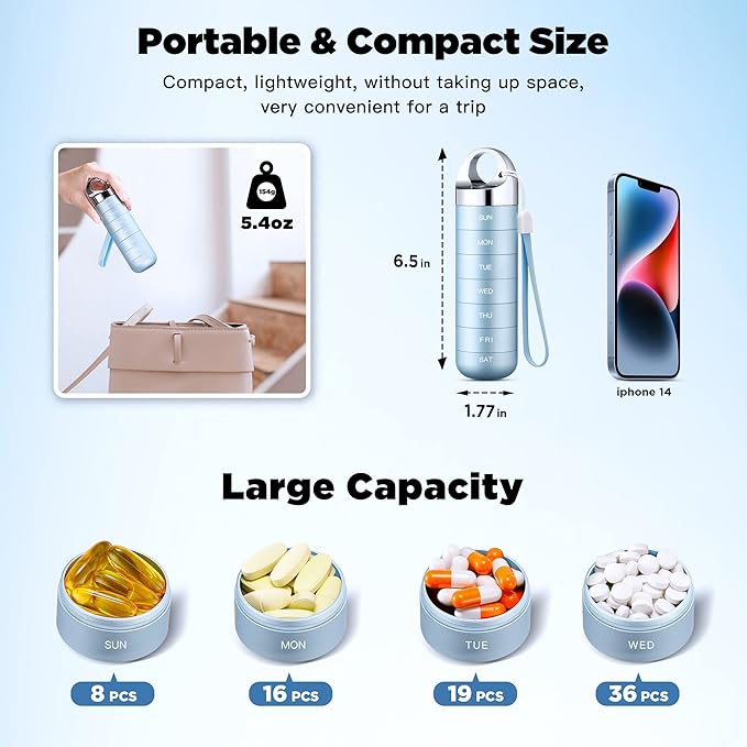 Zannaki Metal Travel Pill Organizer, Portable Waterproof Weekly Pill Box, Large Aluminum Alloy Pill Case Container, BPA Free 7 Day Daily Medicine Organizer Holder for Vitamin, Fish Oil, Supplement