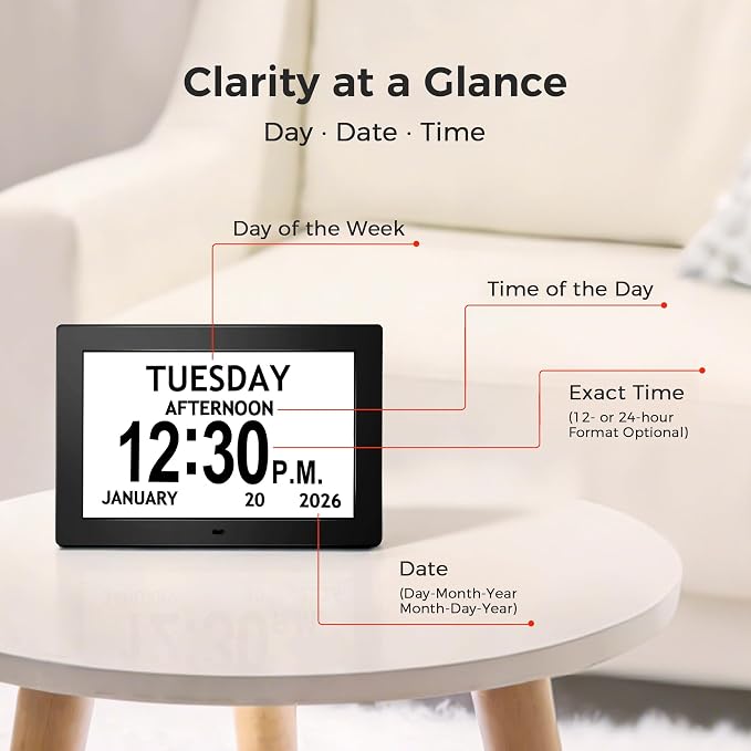 10.1'' Digital Clock With Date And Time, Large Display Clocks for Seniors | 1280*800P HD, Easy to See Date Time Day of Week, Reminders & Alarms, Auto DST, Gifts for Alzheimer Dementia Elderly, Black