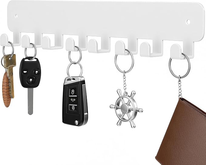 pickpiff Key Holder Wall Mount, Adhesive Key Rack with 8 Hooks Hanger for Car Key Ring, Metal Key Chain Organizer, White 1 Pack