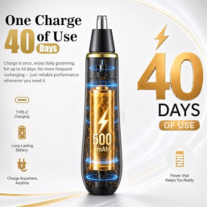 Nose Hair Trimmer for Men, Ear and Nose Trimmer for Men, USB-C Rechargeable, 6500 RPM Painless, 40 Days Use, Nose Hair Trimmer for Women, Dual-Edge Blades, Low Noise, Gift for Men & Women