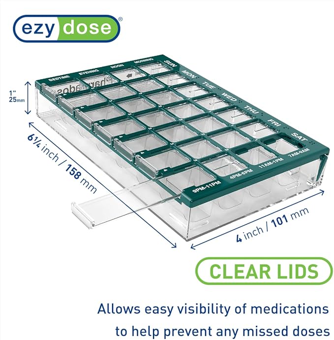 EZY DOSE Pill Organizer Weekly (7-Day), Medicine Planner, Vitamin Box, Small Compartments with Easy Fill Tray Case, 4 Times a Day, Clear Lids, Easy to Use Containers, Green, BPA Free