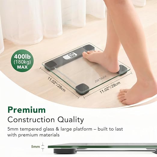 ZOETOUCH Scale for Body Weight, Accurate Bathroom Scales, Digital Weighing Machine for People, 400lb Capacity, LCD Display, Step-On Technology, Tempered Glass, Measuring Tape Included