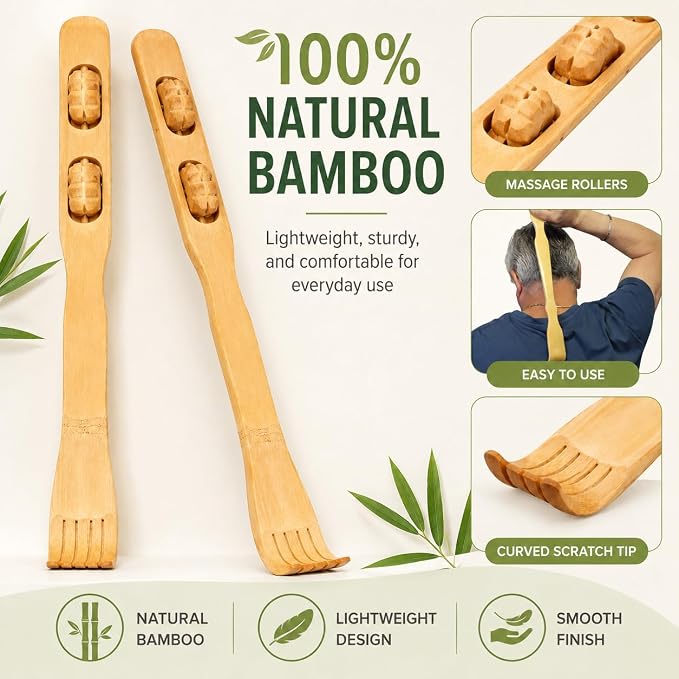 2-Pack Bamboo Back Scratcher by Dependable Industries – Long Reach, Massage Rollers, Self-Massage & Itch Relief, Eco-Friendly