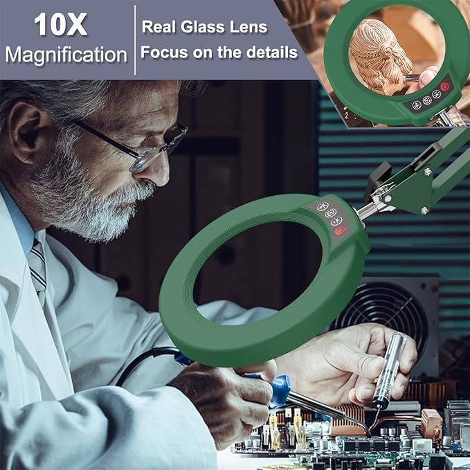 10X Magnifying Glass with Light and Stand, Upgrade Button 5 Color Modes Stepless Dimmable, 2-in-1 LED Lighted Magnifier Light, Hands Free Desk Lamp with Clamp for Craft Hobby Close Work - Green