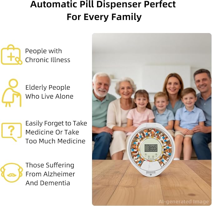 Bluetooth Automatic Pill Dispenser with Safety Lock for Seniors | App/Sound/Light Reminder - Up to 9 Alarms/Day, Medication Track History, Front Security Lock & Ergonomic Flip Lid