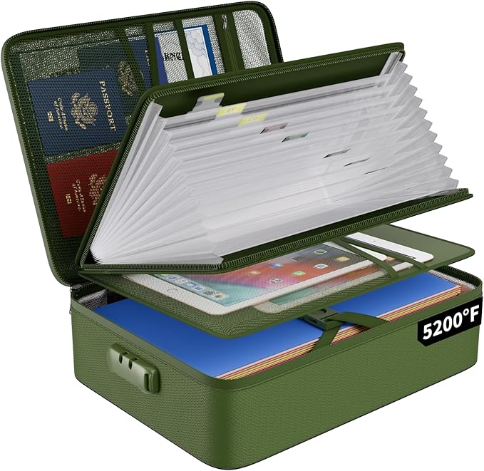 ENGPOW Fireproof Document Organizer Bag with Lock ＆ Accordion File Folder | 5200℉ Multi-Layer File Organizer Box with Lock ,Heat Insulated, Water Resistant, Safe Storage for Home Office Travel,Green