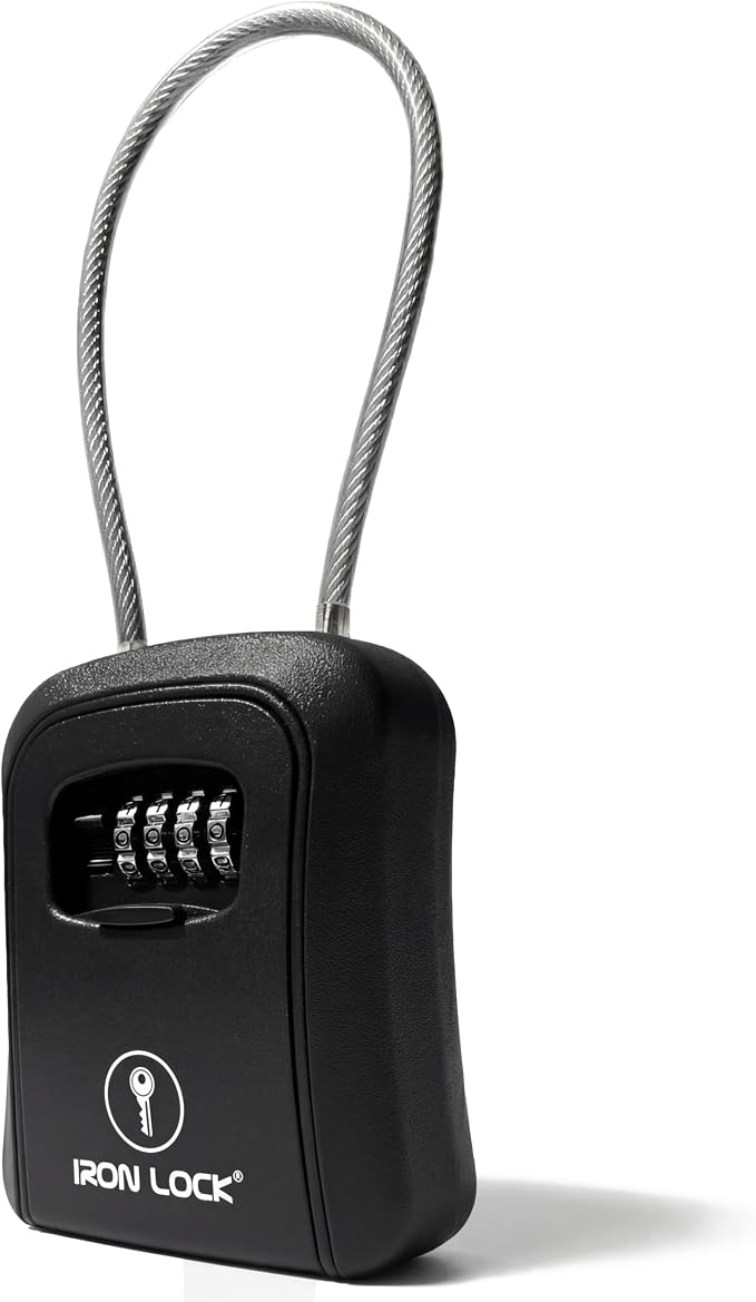 Iron Lock® Medium Key Lock Box with Code, 15-in Steel Cable Shackle (Black) | Built-in key hooks + catch tray; hangs on handles, gates, fences or a hasp; wall-mountable; dial cover; no batteries