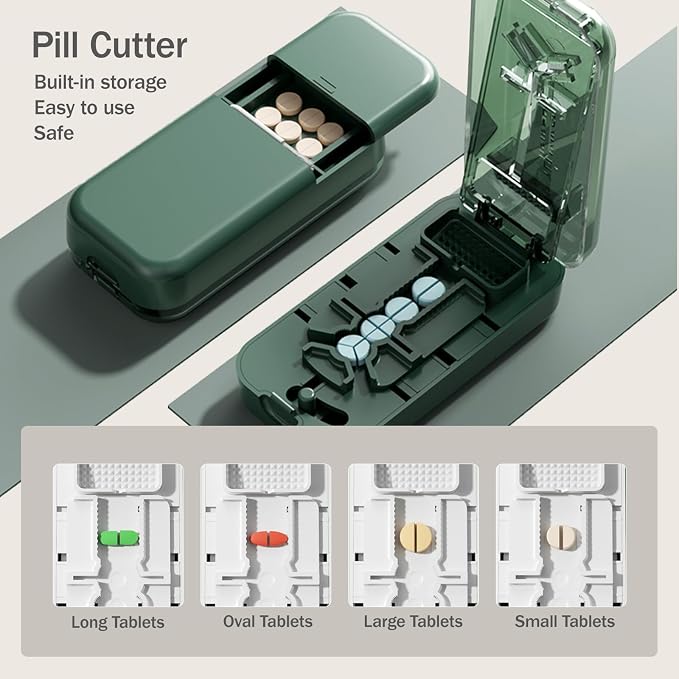 3-in-1 Adjustable Pill Cutter for Small & Large Pills, Professional Pill Splitter Cuts Tablets into 1/2, 1/3 & 1/4, Cuts Multiple Tablets,Hidden Blade，with Storage Box and Tweezers (Green)