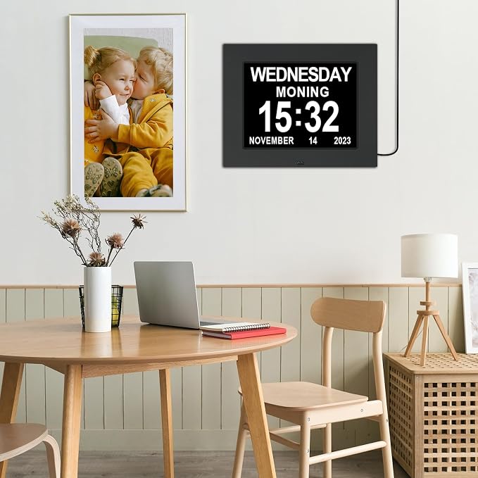 TSITSC Large Digital Calendar Day Clock for Seniors, 8" Dementia Clock with 12 Alarms + Auto-Dimming, Day and Time Clock for Elderly Impaired Vision Memory Loss with Remote Control(Black)