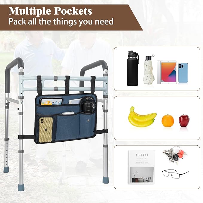 Walker Bag Multiple Pockets Walker Basket for Folding Walker with Cup Holder Bag for Walkers for Seniors Rollator Accessories Bag Blue