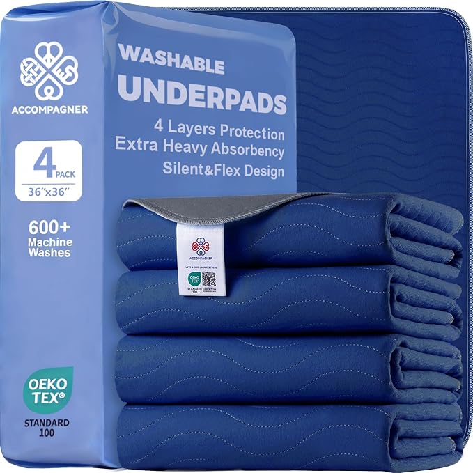 Accompagner Incontinence Bed Pads Washable Waterproof, Ultra-Absorbent Reusable Underpads for Diaper Changing, Nursing, Bedridden, Adults, Seniors, Kids and Dogs (Navy, 36"x36"(Pack of 4))