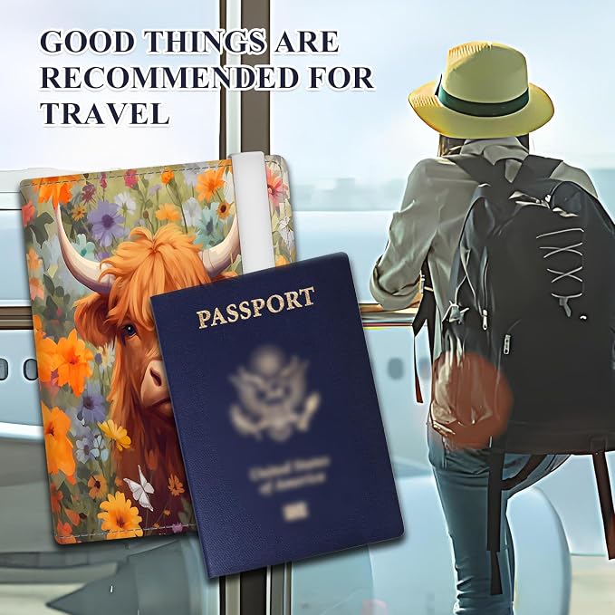 Passport Holder for Travel Essentials, RFID Premium Leather Passport Wallet Cover Case for Travel Must Haves Accessories, Passport Book Holders for Women Men Cute Flower Cows