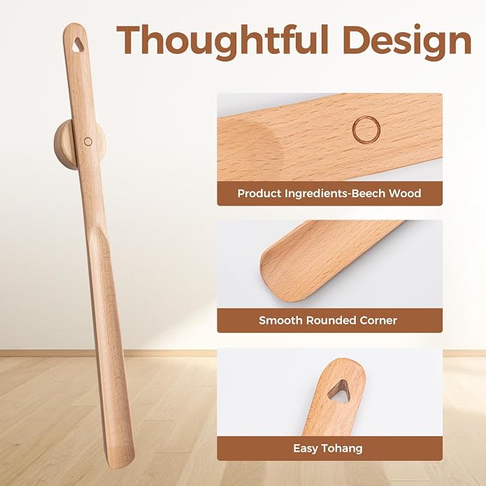 Magnetic Wooden Shoe Horn Set - 19.6" Long & 11.8" Short Handled Shoehorn for Seniors, Men and Women - Drill-Free Wall Mounted Premium Beech Wood Shoe Horns, Slip On Shoes Without Bending