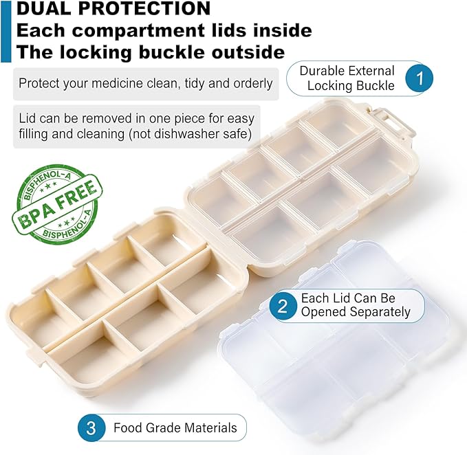 4 Pack, 14 GRIDS Travel Pill Organizer Box with Labels - Travel Medicine Case Kit - Pocket Daily Pharmacy Container - Travel Medication Holder Dispenser for Fish Oil Vitamin Supplement Storage