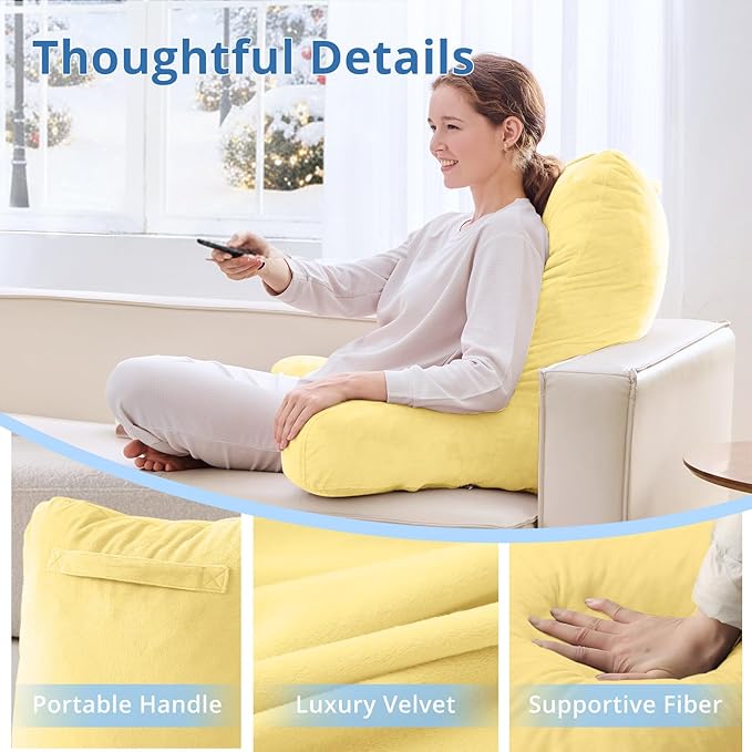 Sasttie 25-inch Reading Pillows for Sitting in Bed Adult, Jumbo Velvet Back Pillow Bed Sitting Up, XL High Back-Rest Support Cushion for Sit Up on Couch & Floor, Oeko-Tex Certified, Light Yellow